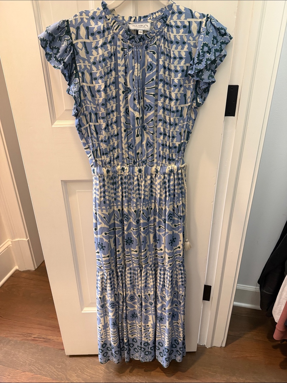 Omika Blue Printed Ruffle Sleeve Maxi Dress XS | Boho Resort Dress